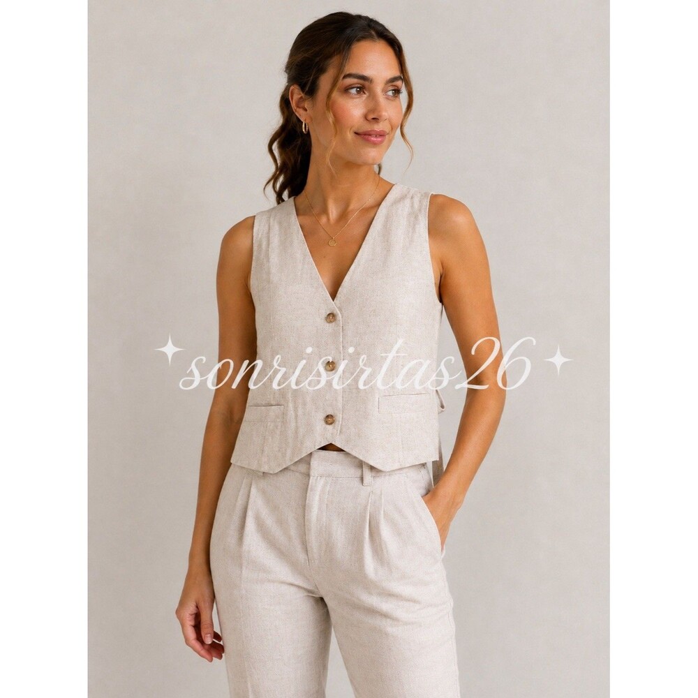 The Workshop Linen Blend Vest Women L Beige Button Tie Back Coastal Resort